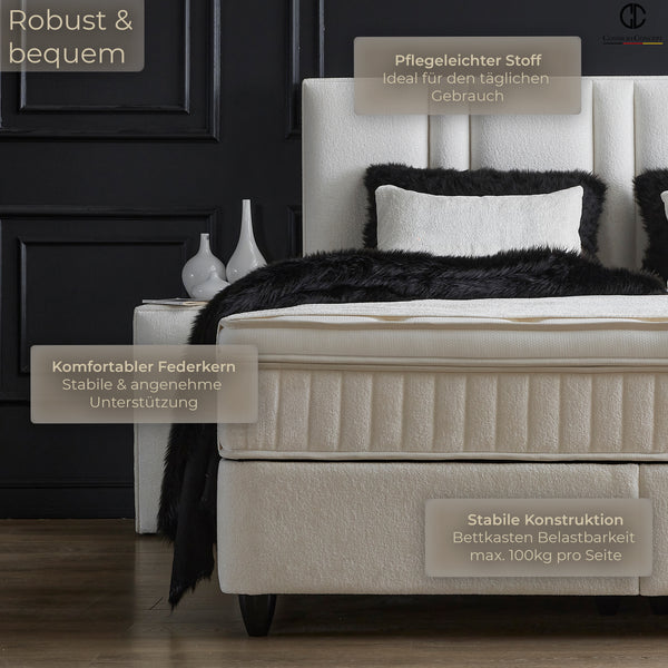 Boxspringbett AURORA mit Bettkasten – Beige Bouclé