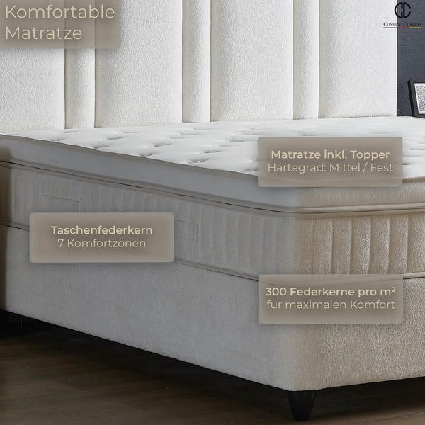 Boxspringbett AURORA mit Bettkasten – Beige Bouclé