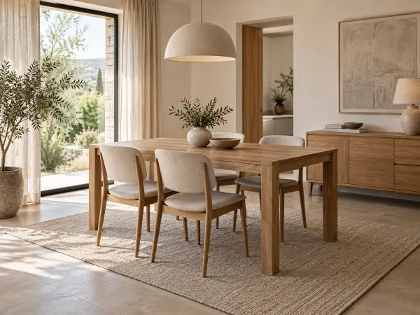 Essbereich mit Holztisch und Teppich