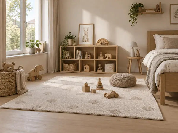 Kinderzimmer mit einer gemütlichen Spielfläche auf einem Teppich