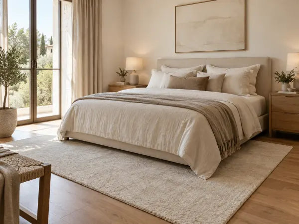 Ruhiges Schlafzimmer mit einem Teppich am Bett