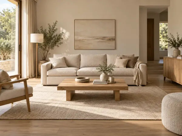 Helles Wohnzimmer mit Sofa und beigefarbenem Teppich